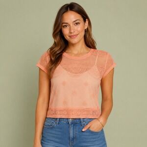 Gudi Sheer Salmon Crop Top Women's Medium Coquette Romantic Whimsigoth Y2K Boho